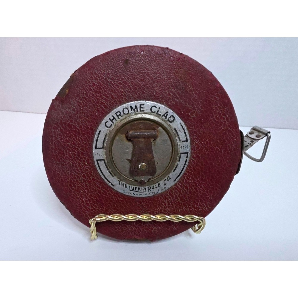 VTG Lufkin Rule Co Chrome Clad Leader 100' Steel Tape Measure Leather Case READ‎
